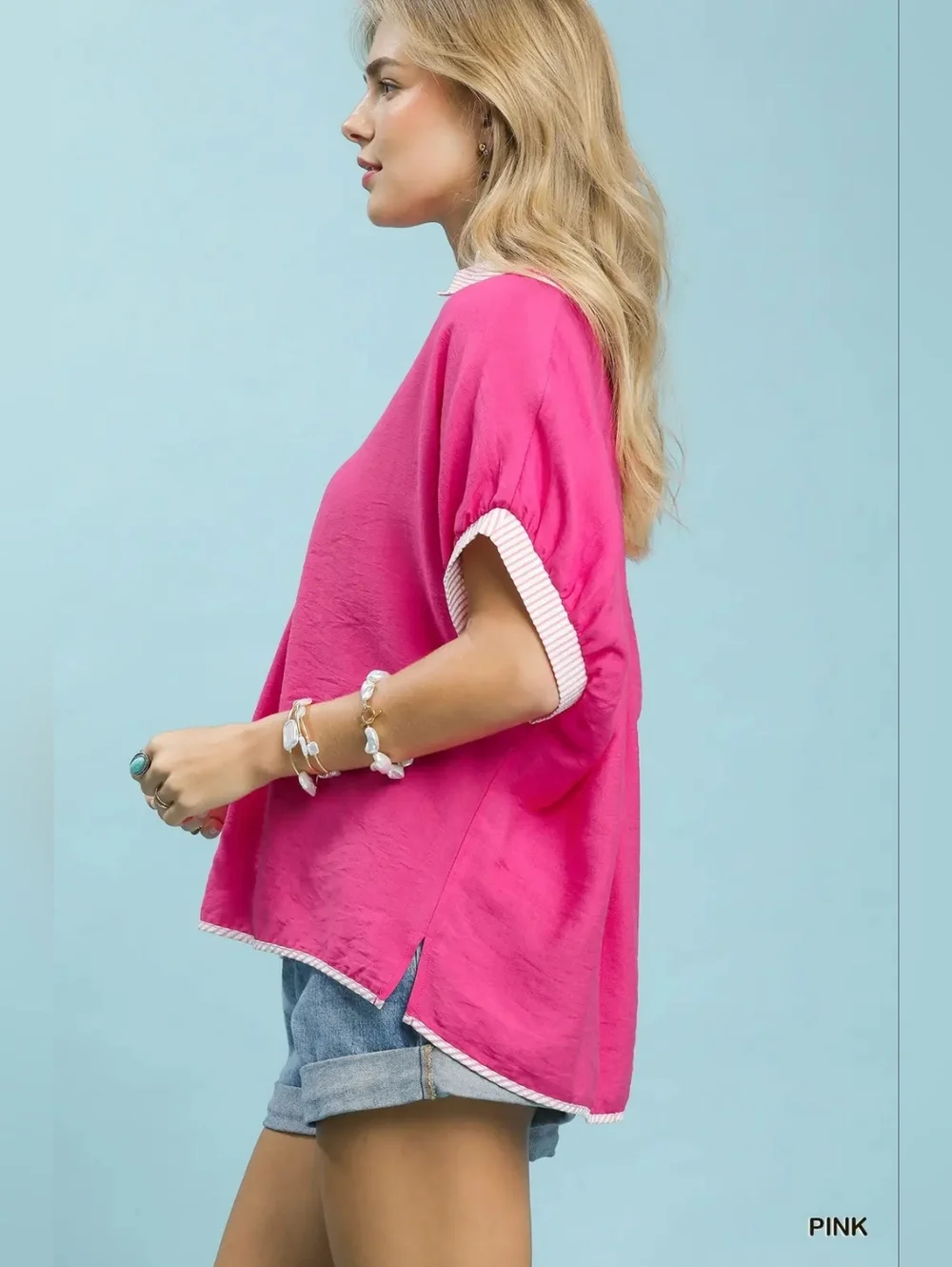 Umgee Oversized Contrast Stripe Trim Top - Picture 2 of 7